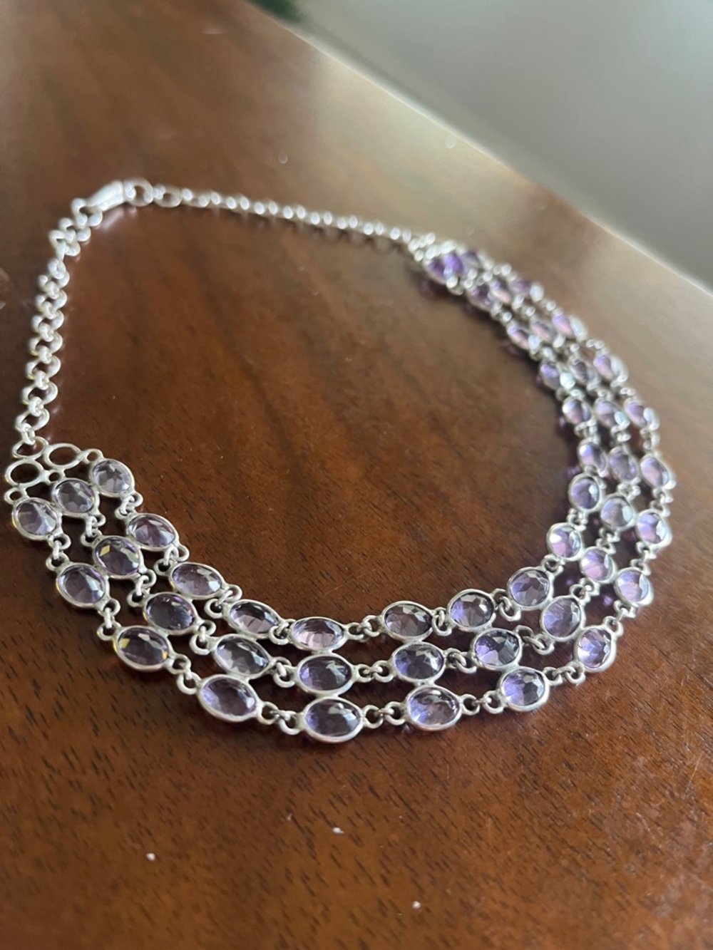 Silver Multi-Strand  Necklace choker Amethyst color stones Sterling